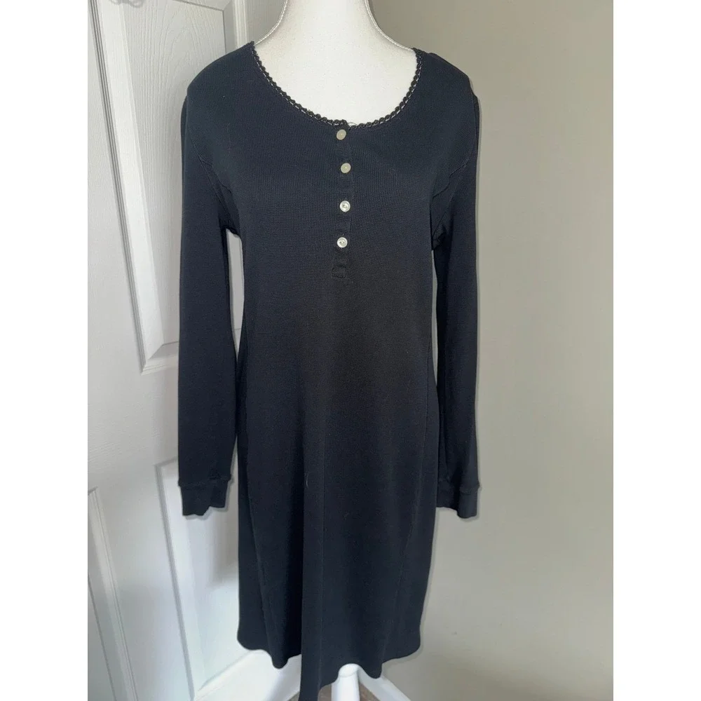 Lauren Ralph Lauren Black Waffle Knit Henley‎ Thermal Nightgown Pajamas XL
